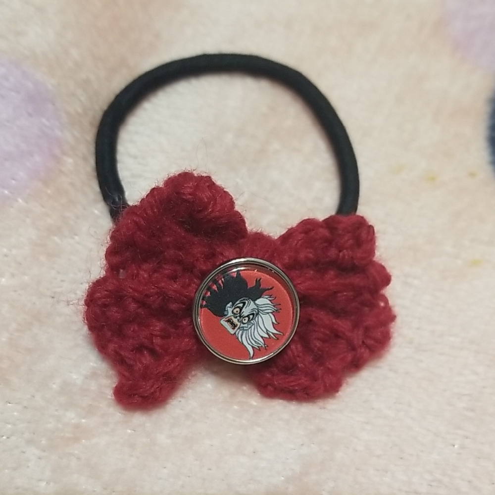 Handcrafted Cruella Red Knitted Bow Hair Tie